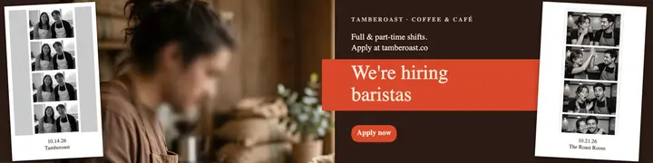 Barista hiring LinkedIn banner, photo booth strips template
