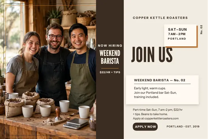 Copper Kettle crew hiring postcard: hiring postcard template