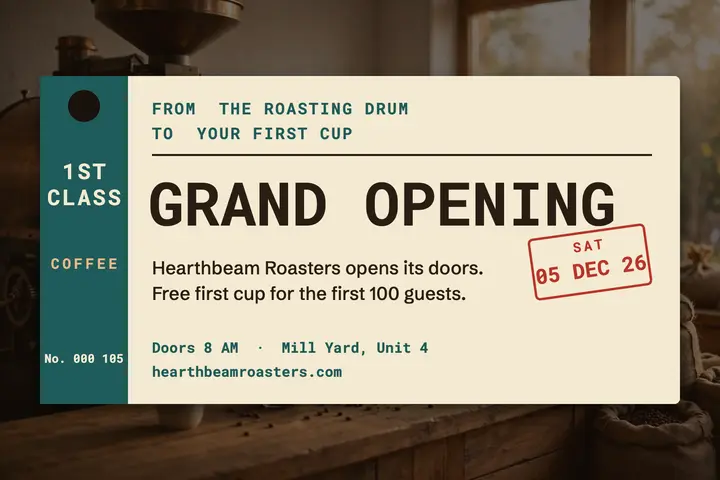 Hearthbeam Roasters opening ticket postcard: grand opening ticket postcard template