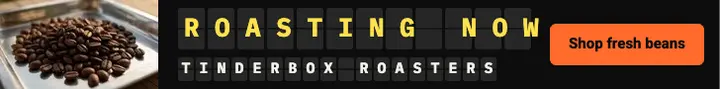 Tinderbox roasting now leaderboard ad, split-flap board: coffee roaster leaderboard ad template