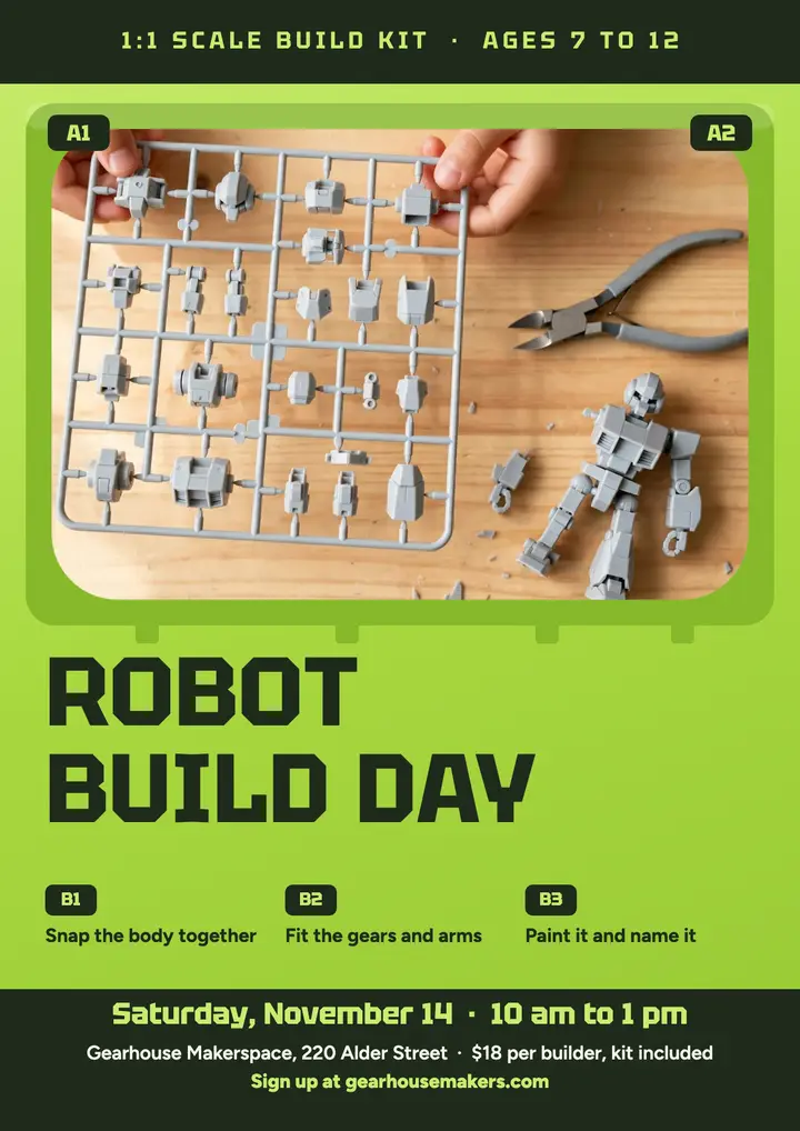 Robot Build Day kids workshop flyer: kids workshop flyer template