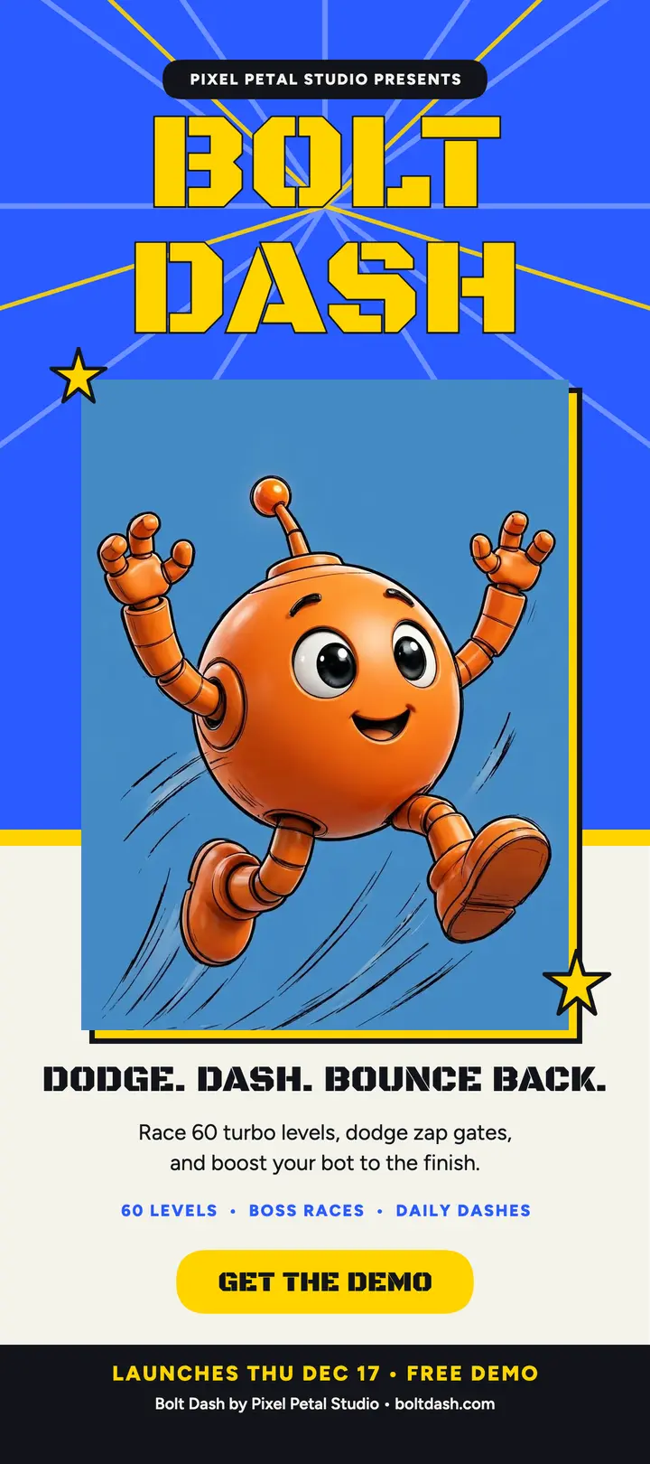 Bolt Dash robot game launch card: game launch rack card template