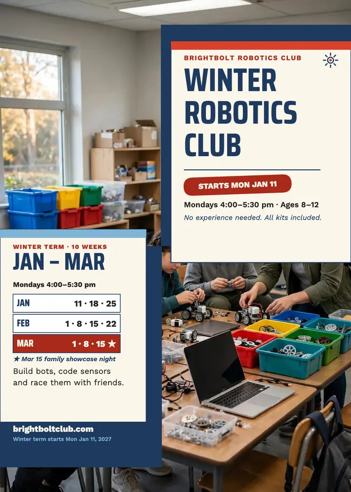 Brightbolt winter robotics club invitation: robotics course invitation template