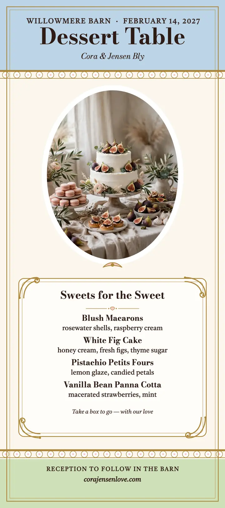 Cora and Jensen rococo dessert menu template