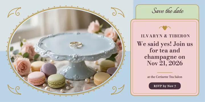 Engagement tea and champagne announcement, rococo romance template