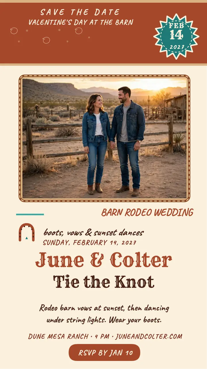 June and Colter barn rodeo wedding story: wedding invitation story template
