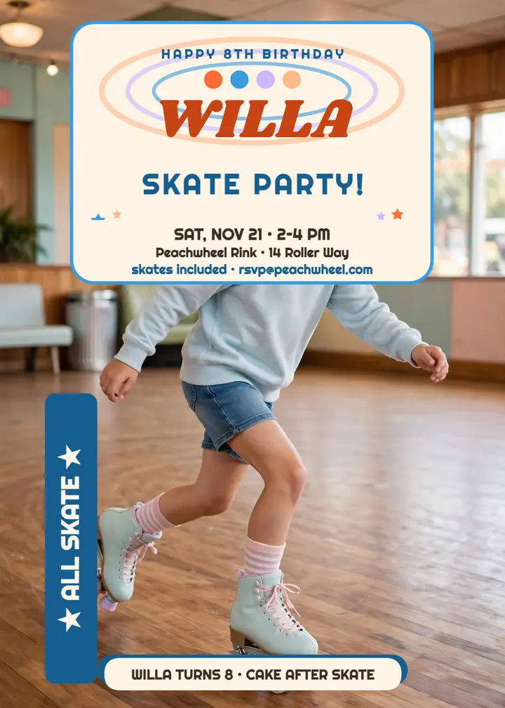 Willa's roller rink birthday skate party invite template