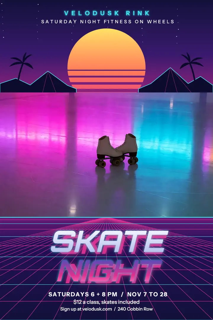Roller skate night fitness class poster, synthwave outrun template