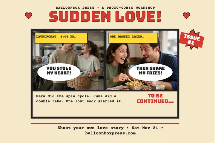 Sudden Love photo-comic workshop postcard template