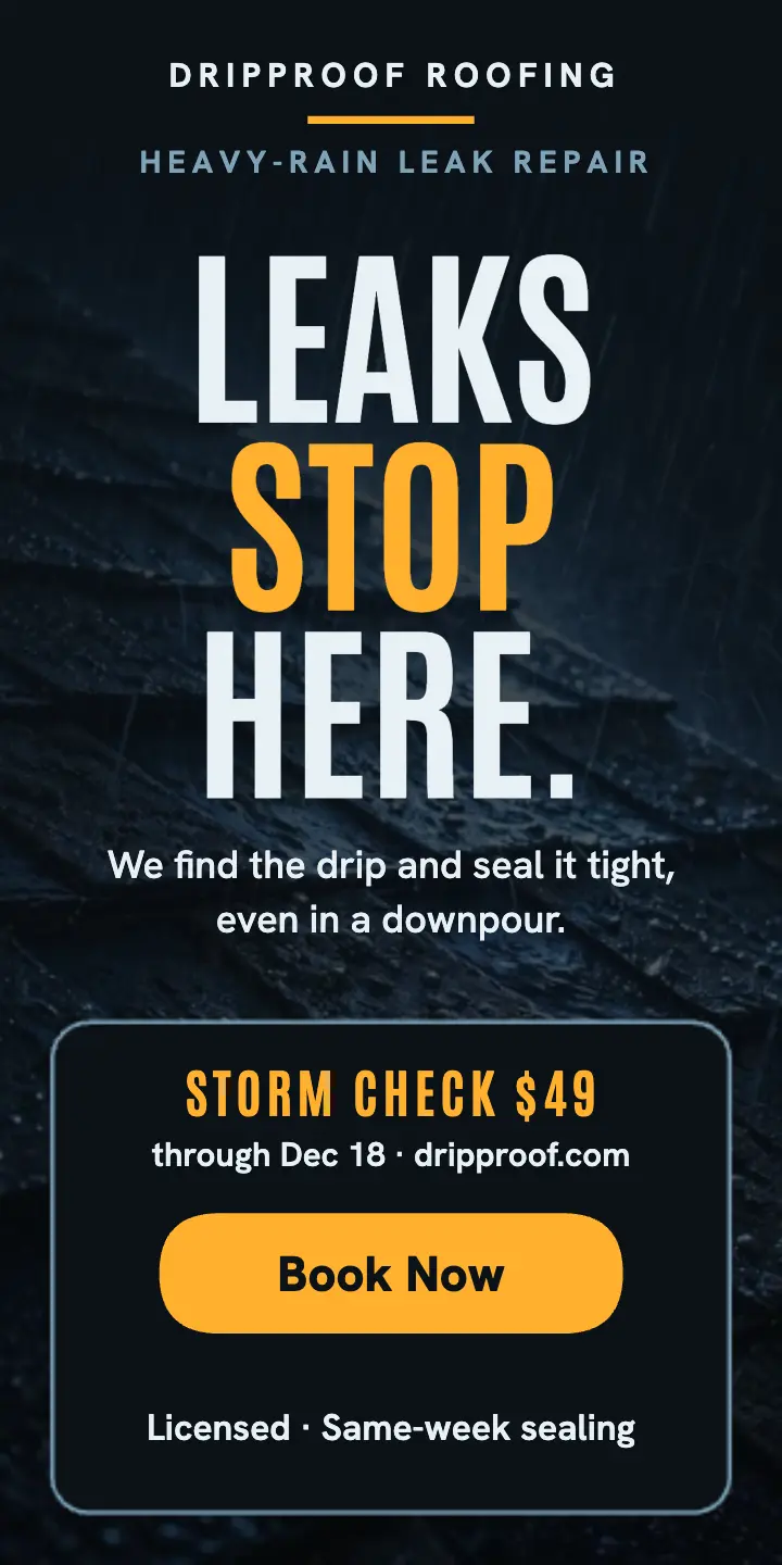 Dripproof roofing leak repair half page ad template