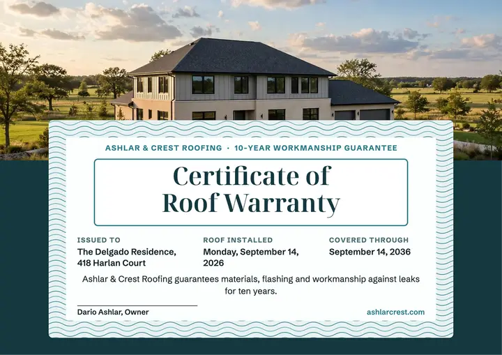 Ashlar and Crest roof warranty: roof warranty certificate template