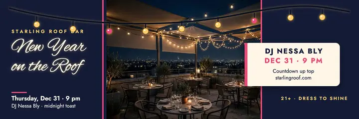 Starling Roof countdown night header: new year rooftop bar header template