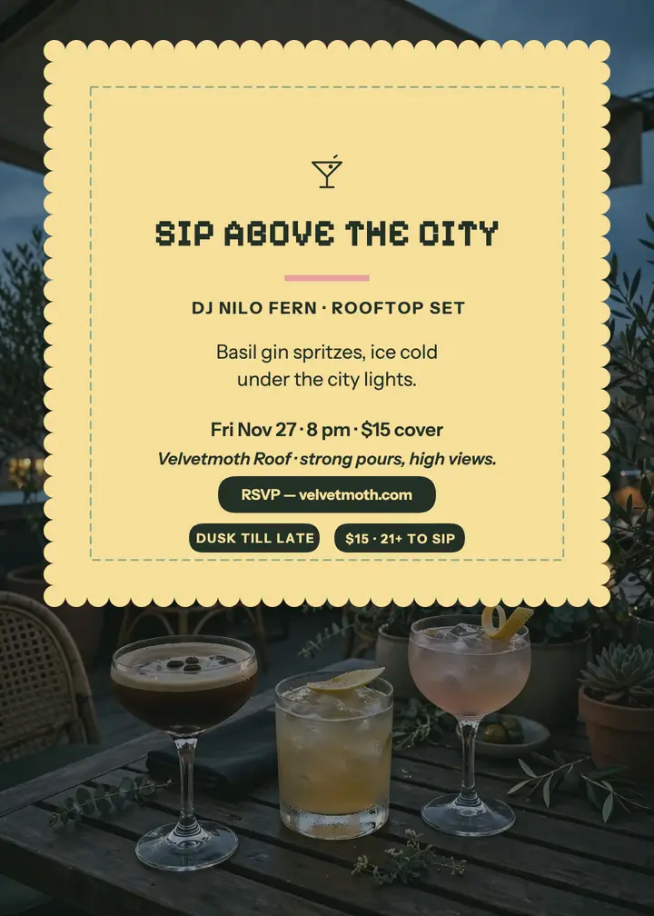 Velvetmoth rooftop DJ cocktail invitation: rooftop dj invitation template