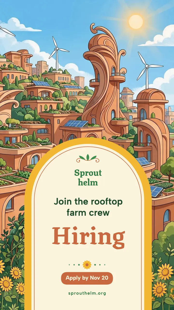 Rooftop farm field crew hiring story, solarpunk template
