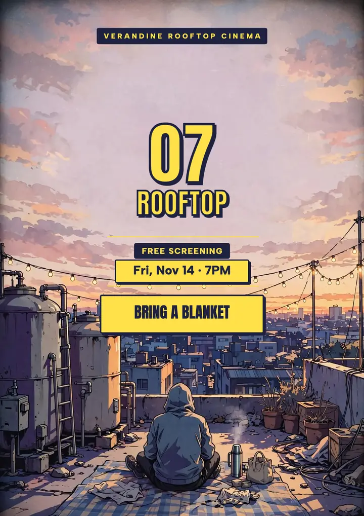 Verandine rooftop film night flyer, 90s anime cel template