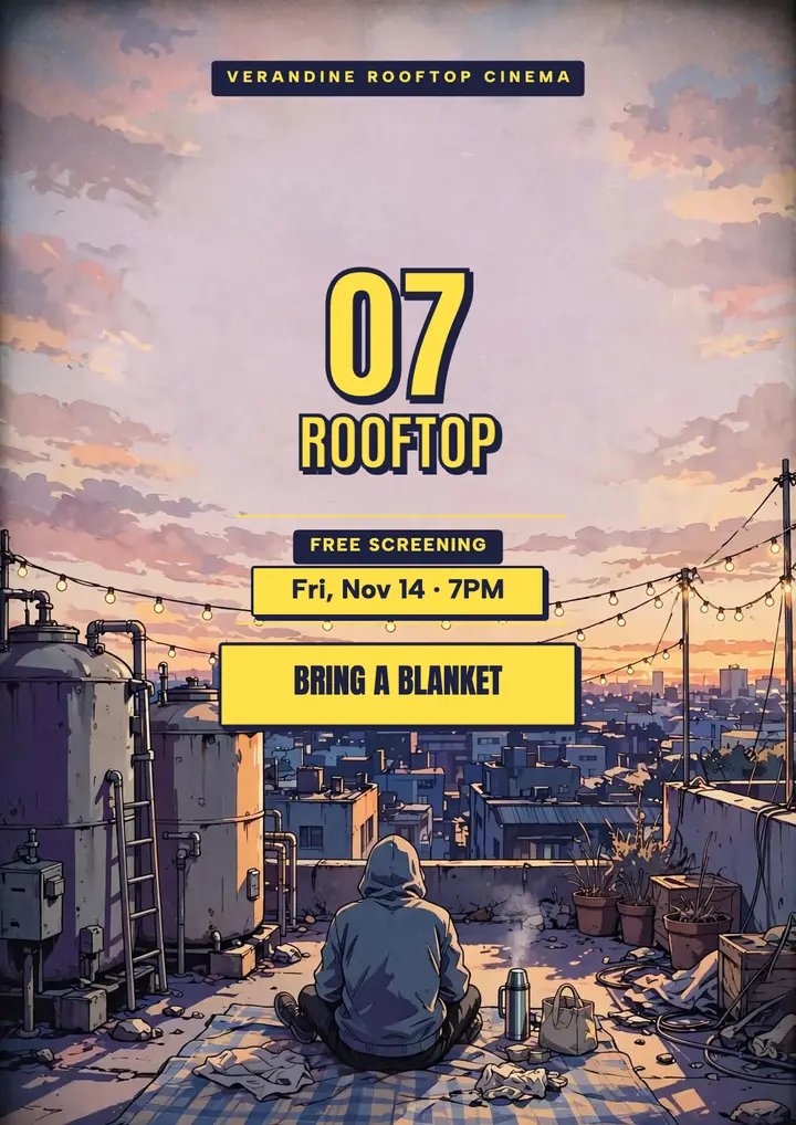 Verandine rooftop film night flyer, 90s anime cel: rooftop film night flyer template