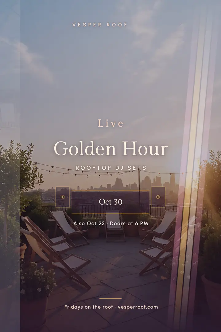 Vesper Roof golden hour DJ sets poster: rooftop dj night poster template