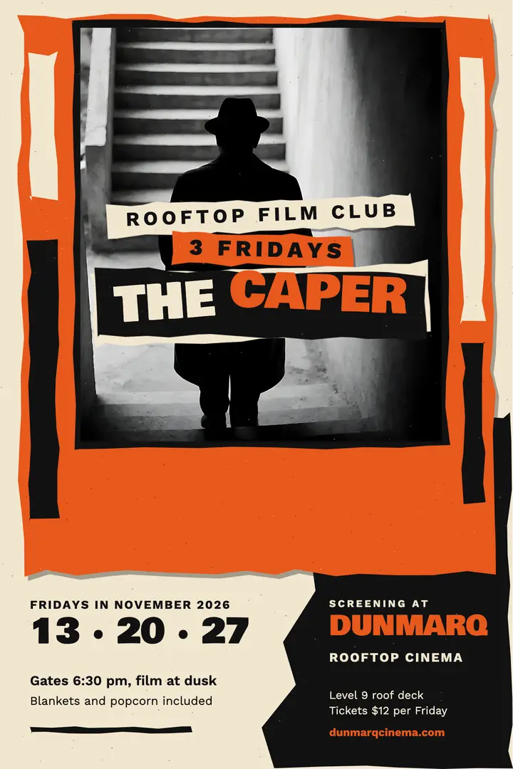 Rooftop caper film series poster, 60s title sequence template
