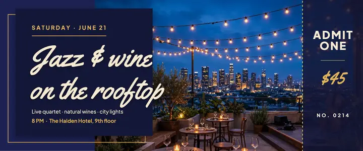 Jazz and wine rooftop ticket template