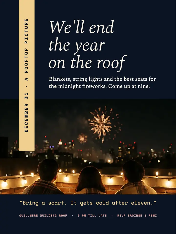 Quillmere rooftop New Year's Eve invitation, director's cut template