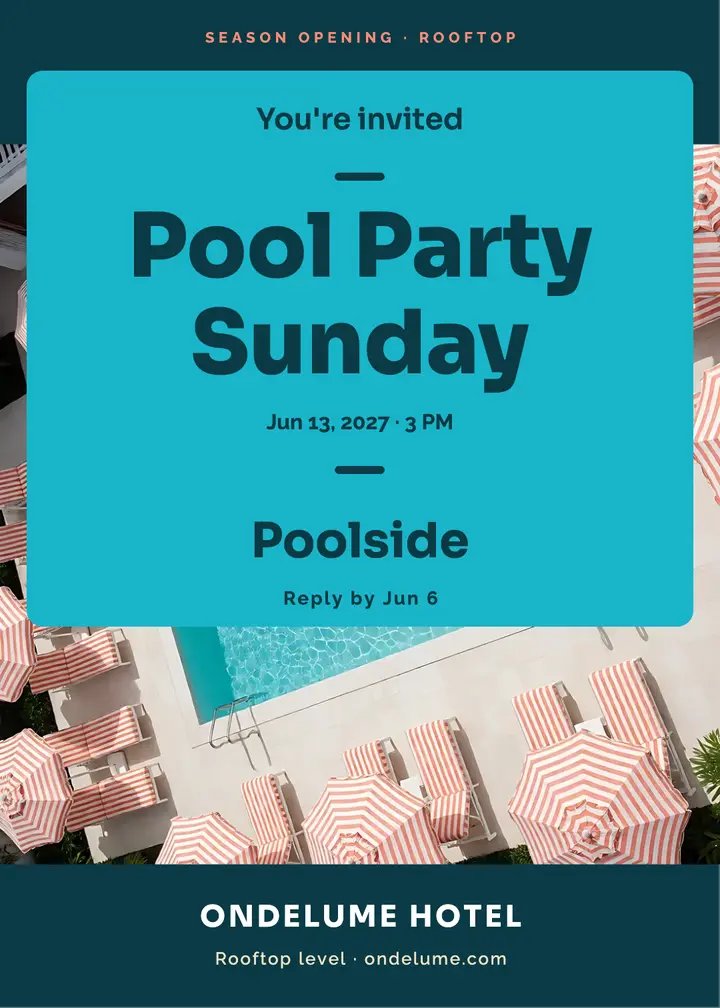 Rooftop pool party invitation, aerial top-down template