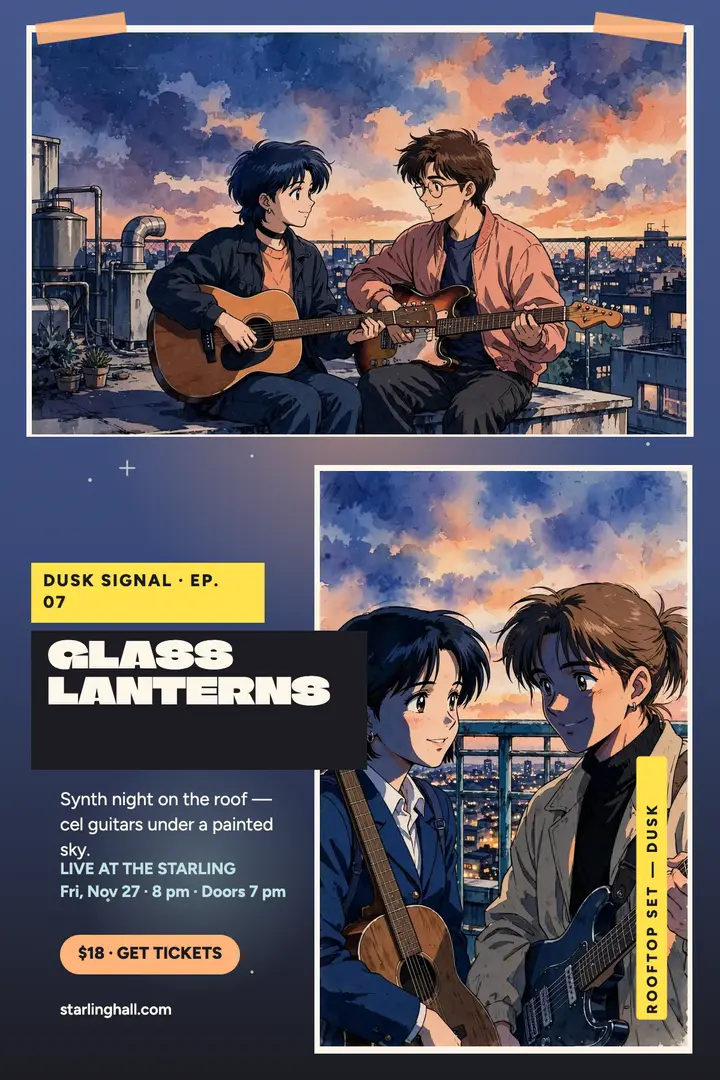 Glass Lanterns rooftop synth gig poster: anime gig poster template