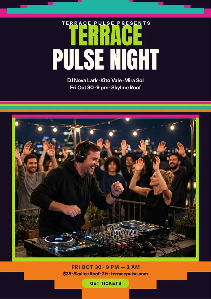 Terrace Pulse rooftop DJ night flyer template