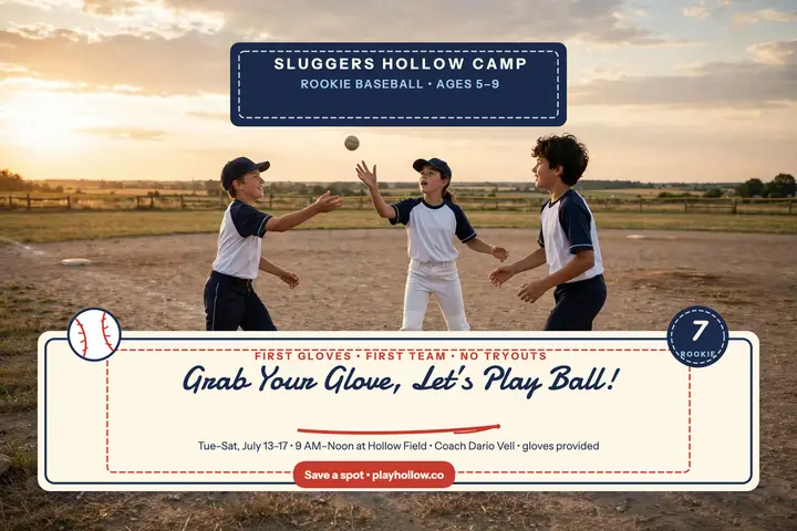 Sluggers Hollow rookie camp postcard template