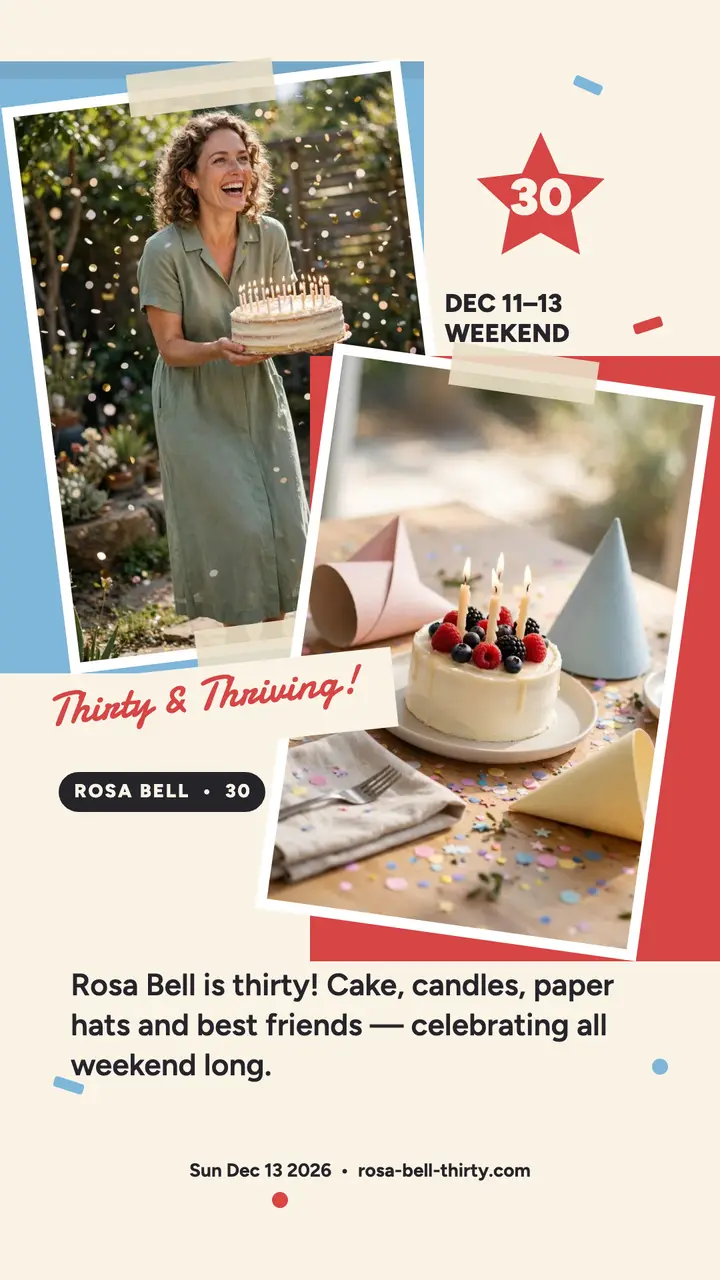 Rosa Bell thirty collage story: 30th birthday story template