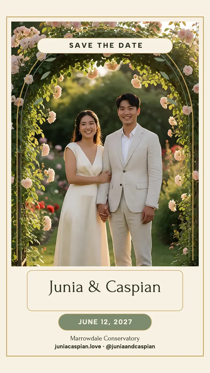 Junia and Caspian rose arch save the date story template