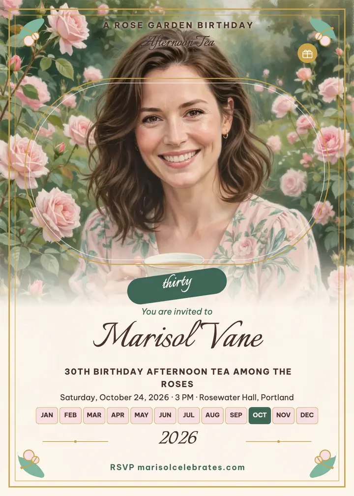 Marisol Vane rose garden birthday tea invitation template