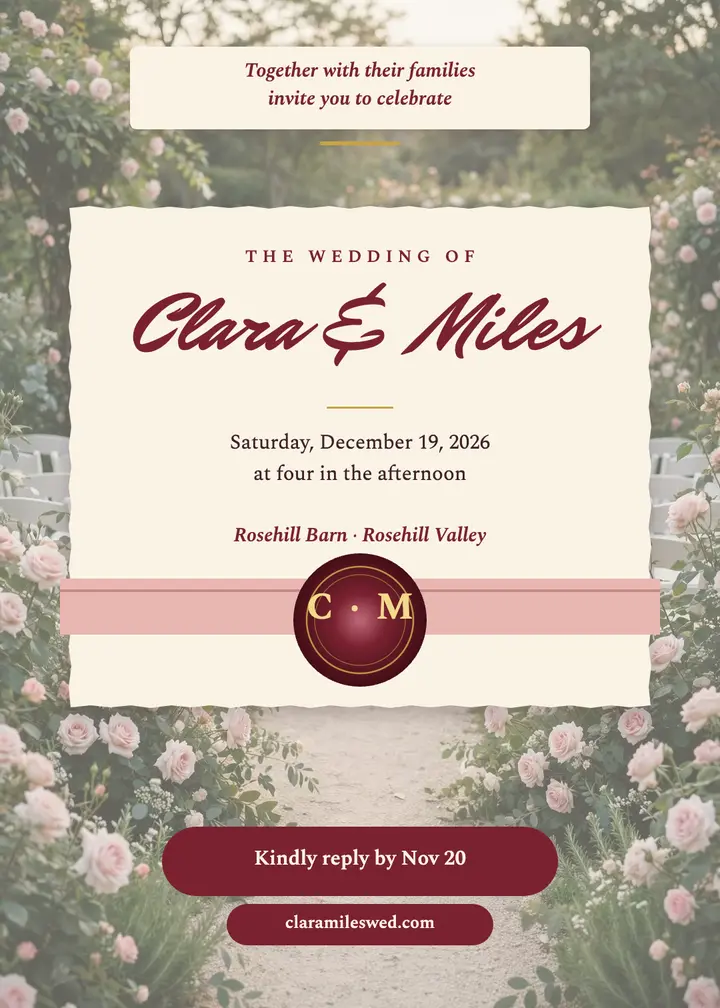 Rose garden wax seal invitation: wedding invitation template