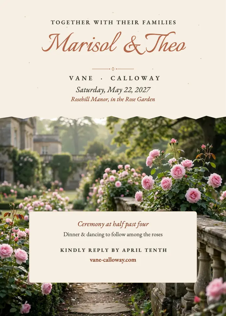 Rose garden estate wedding invitation template