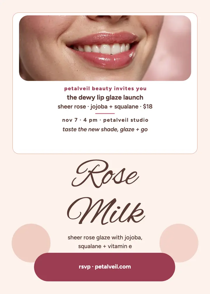 Rose Milk lip glaze invite, Petalveil template