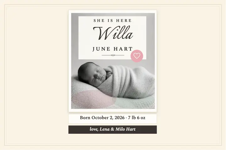 Willa June tinted baby postcard: baby girl announcement postcard template