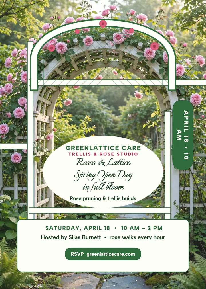 Greenlattice spring open day rose trellis invite: garden open day invite template