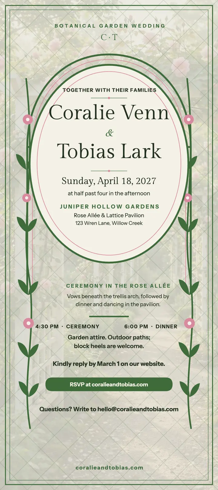 Rose trellis garden wedding invitation: garden wedding invitation rack card template