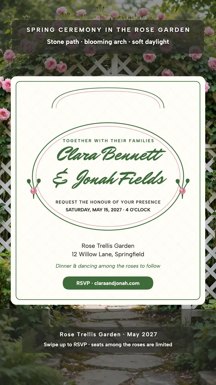 Rose trellis garden wedding story template