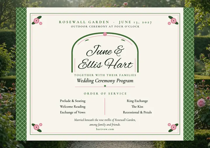 Rose trellis garden wedding program: wedding program certificate template