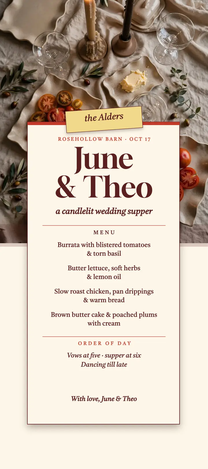 June and Theo candlelit wedding menu template