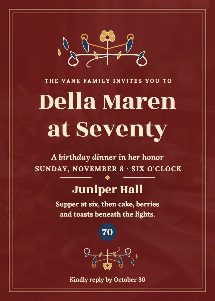 Della Maren seventieth birthday dinner invitation: 70th birthday dinner invitation template