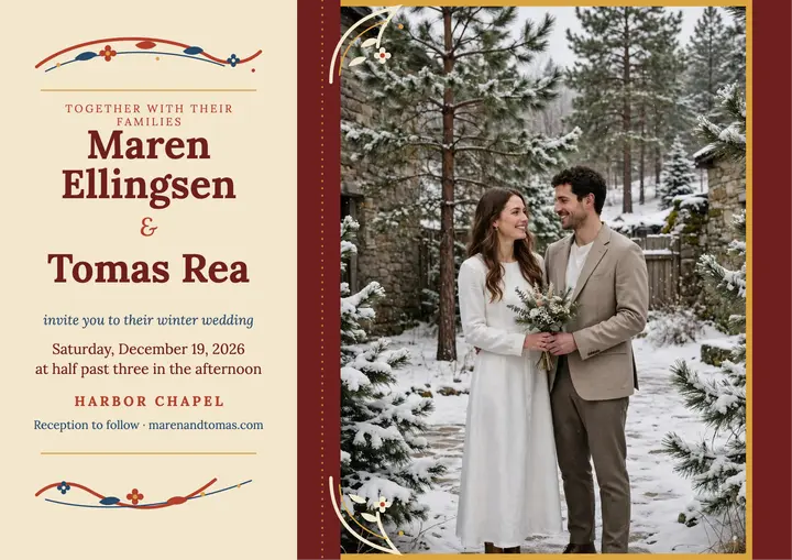 Rosemaled winter wedding certificate: winter wedding invitation template