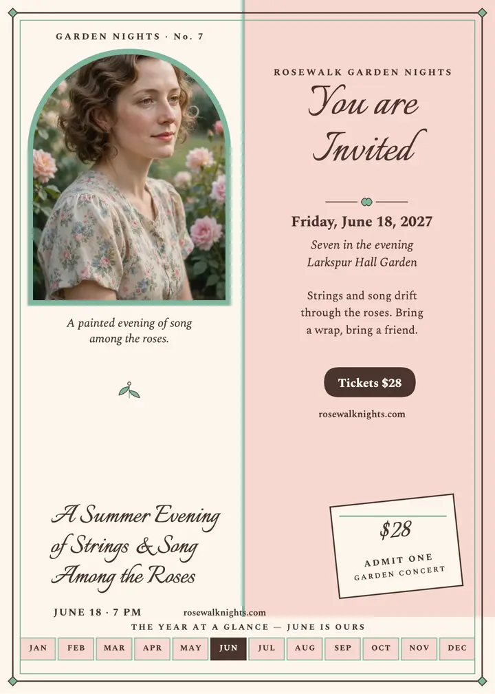 Rosewalk garden concert evening invitation template