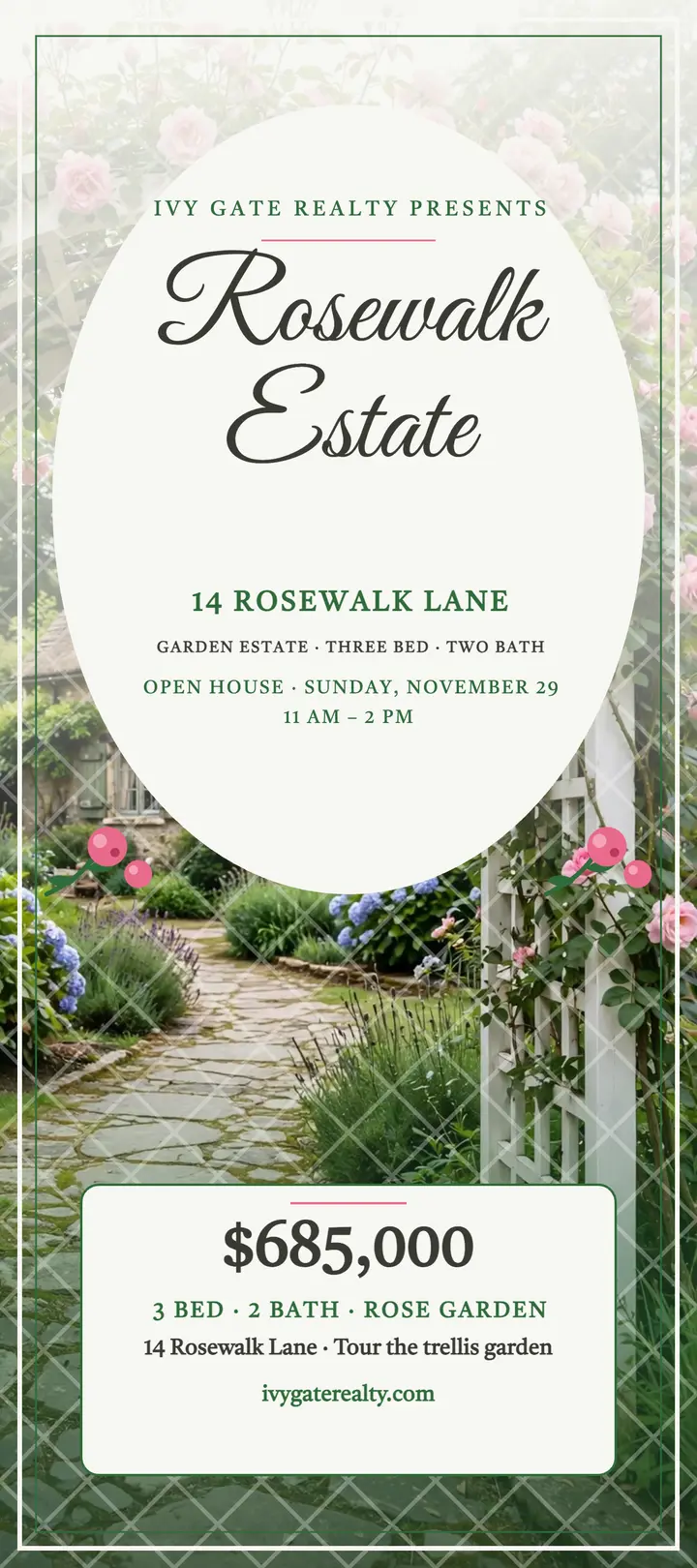 Rosewalk garden estate open house card template