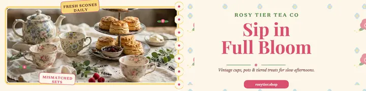 Rosy Tier Tea Co chintz banner: teacup shop banner template