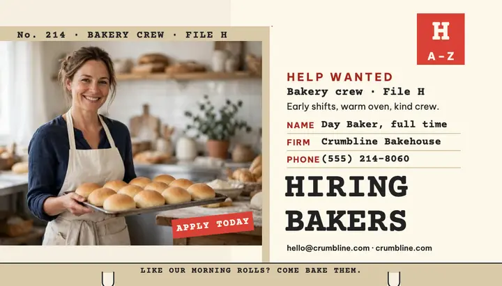 Crumbline rotary hiring card, bakery crew: bakery hiring card template