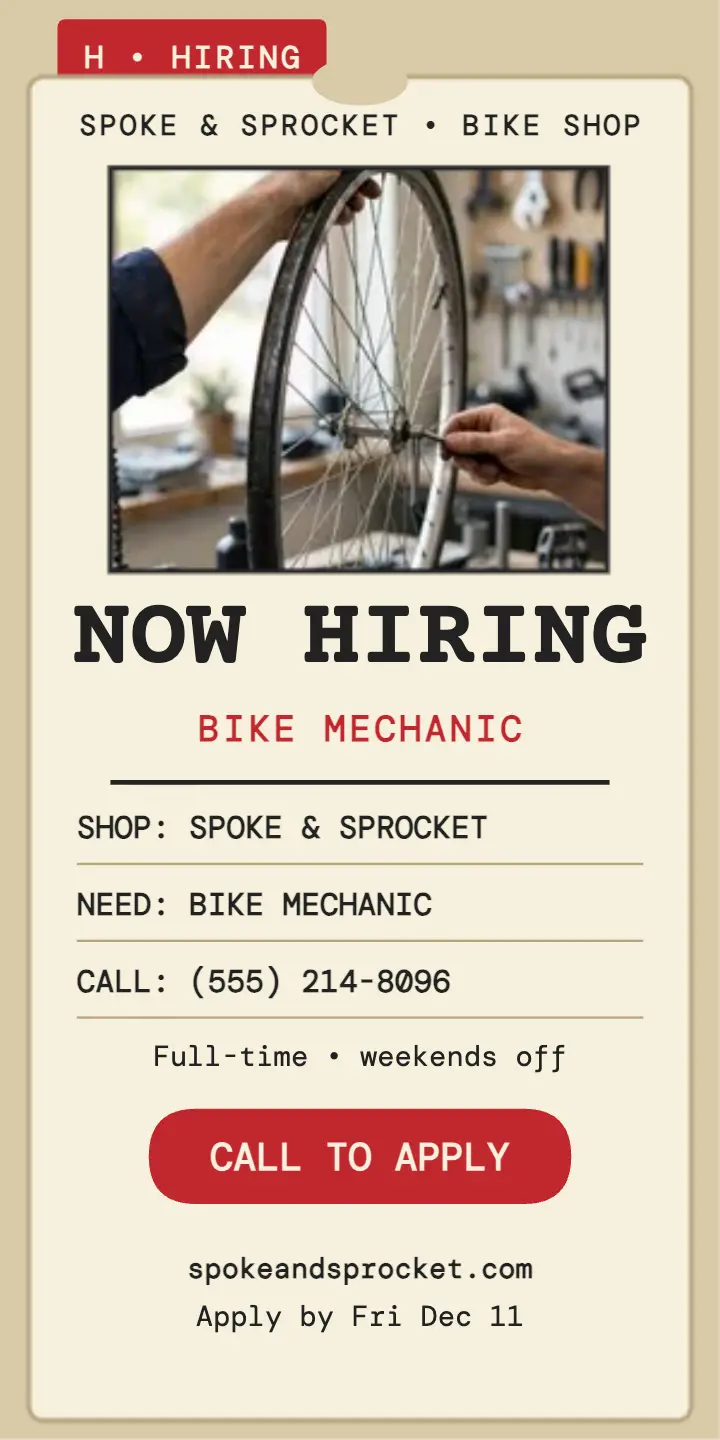 Spoke and Sprocket bike mechanic hiring ad template