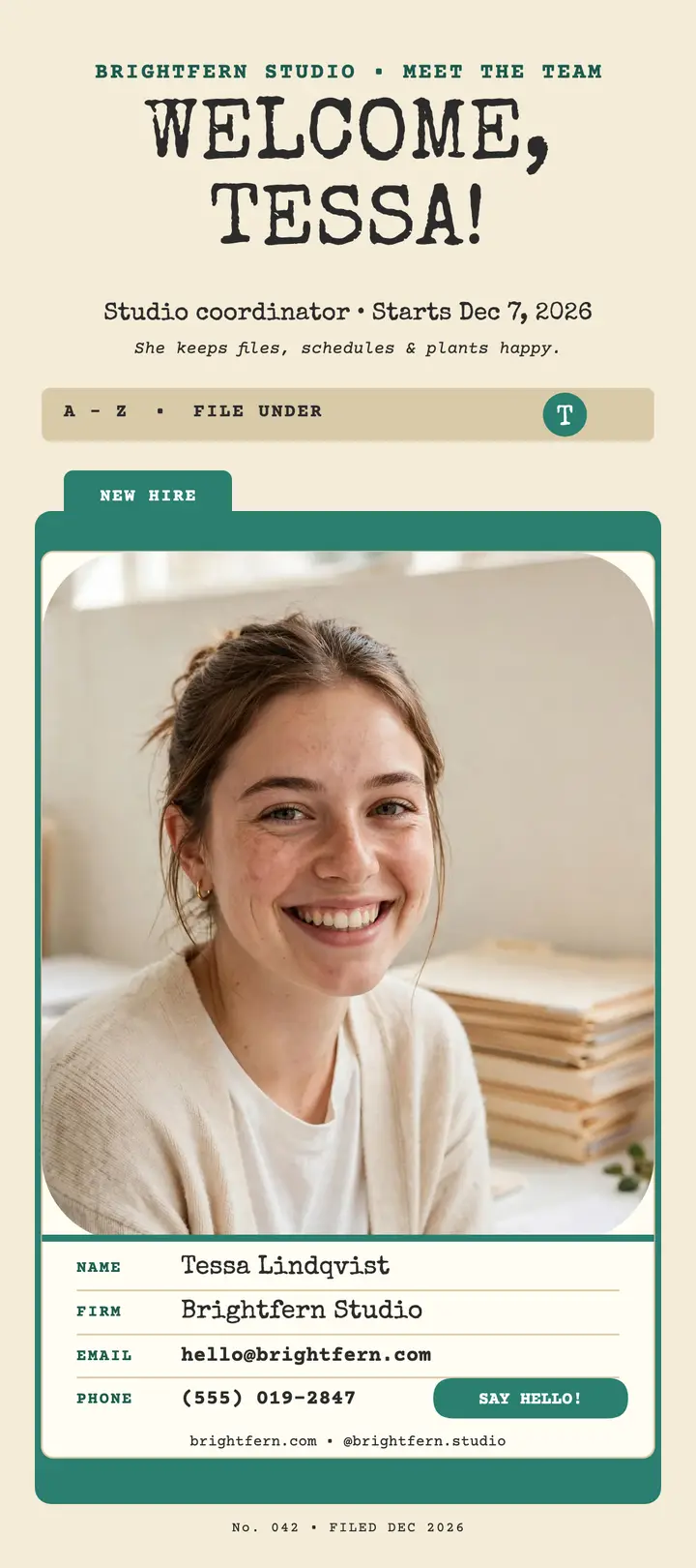 Welcome Tessa rotary file card: meet the team card template