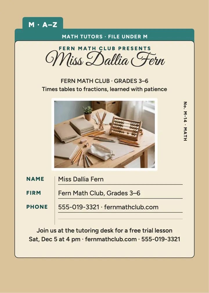 Fern Math Club rotary card invitation: tutor invitation template