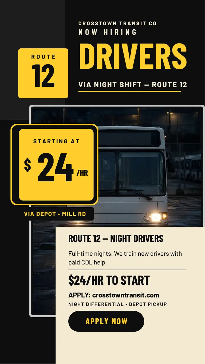 Route 12 night drivers hiring story template
